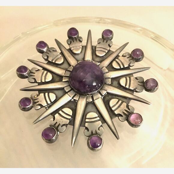 WILLIAM SPRATLING DESIGN Mexico Sterling Amethyst Aztec Sun Pendant/Brooch - Picture 1 of 5